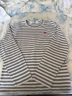 Comme des Garcons Striped Long-Sleeve Crewneck - Gray, White with Red Heart